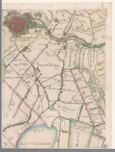 Deel van een kaart van het Hoogheemraadschap van Rijnland, met Leiden en omgeving