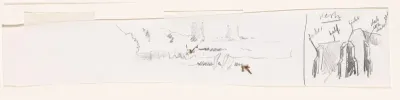Deel van een landschap met boomstronken en deel van een kerkgebouw met steunberen