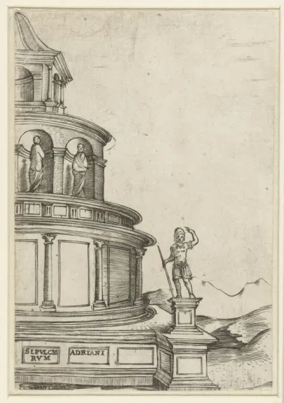 Deel van het exterieur van een klassiek mausoleum (Engelenburcht te Rome)