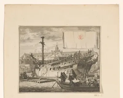 Deels verbrand schip op de VOC-scheepswerf op Oostenburg, 1690