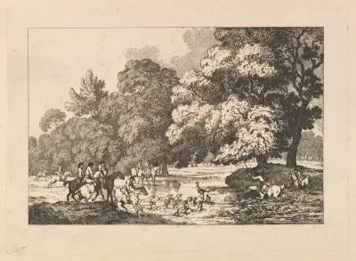 Deer Hunting – A Landscape Scene with Stag and Hounds in a River