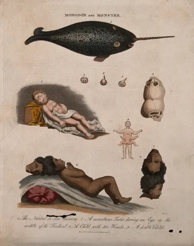 Deformed infants; and a narwhal