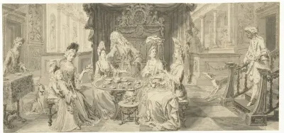 Deftig gezelschap in een salon rond de theetafel