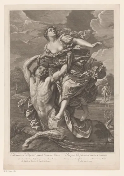 Deianeira ontvoerd door de centaur Nessus, op de achtergrond Hercules met pijl en boog