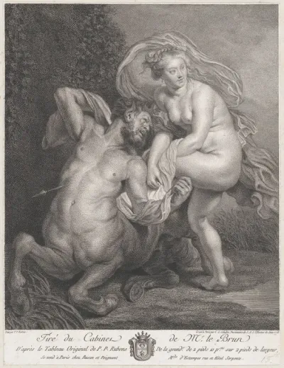 Deianeira receiving the poisoned tunic from Nessus, and the wounded centaur falling to the ground at left