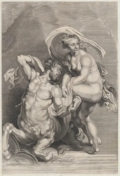 Deianeira receiving the poisoned tunic from Nessus, and the wounded centaur falling to the ground at left