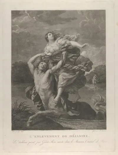 Dejanira being abducted by the centaur Nessos, a man with bow and arrow at right, after Reni