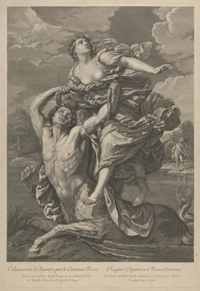 Dejanira being abducted by the centaur Nessos, a man with bow and arrow at right, after Reni