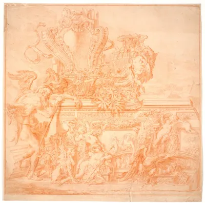 Dekorationsudkast med en gammel mand, symboliserende tiden, et skjold, en vase, en ørn og flere allegoriske figurer