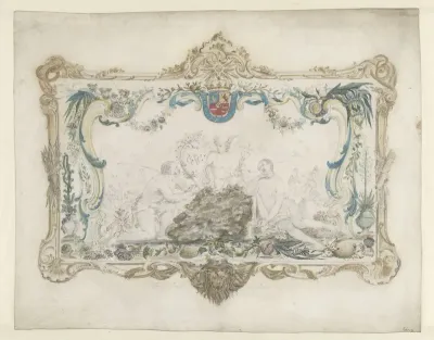 Deksel van een gouden doos met allegorie op de goudwinning