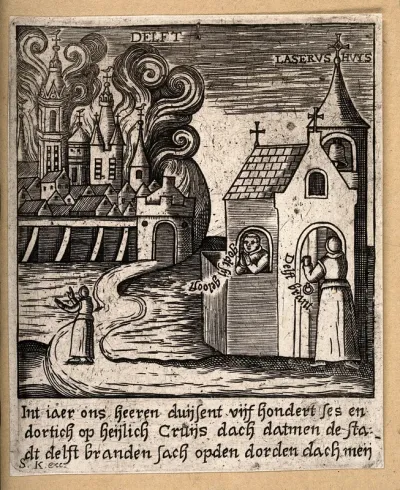 Delft, the Netherlands: left, the city on fire in 1536; right, St Lazarus's House with a resident receiving news of the fire