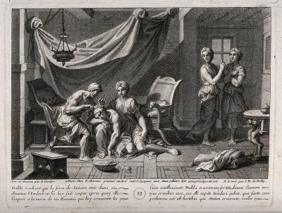 Delilah caresses the sleeping Samson as she sets her barber to work