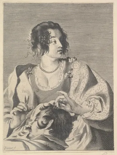 Delilah preparing to cut Samson's hair with scissors in her right hand, below her chest are the head and shoulders of the sleeping Samson