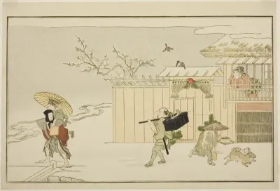 Delivering New Year Gifts in the Snow, from the illustrated kyoka anthology "The Young God Ebisu (Waka Ebisu)"