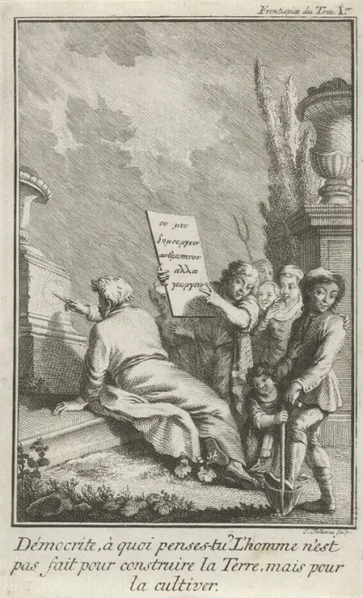 Democritus kerft een wiskundig model in een sokkel