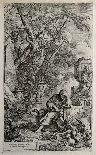 Democritus sits in meditation surrounded by ruins and skulls