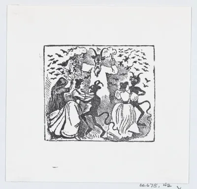 Demons dancing with women and bats flying through the sky