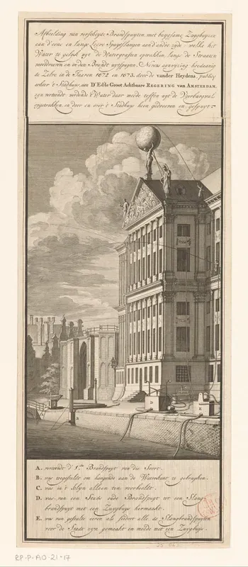 Demonstratie van de slangbrandspuiten aan het water van de Nieuwezijds Voorburgwal achter het Stadhuis, 1672-1673