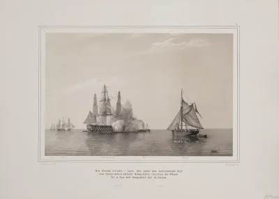 Den danske escadre i året 1841 unde rden meklenborgske kyst. Hvor kronprinsen forlader orlogsskibet Christian den ottende for at gå med dampskibet Kiel til Rostok