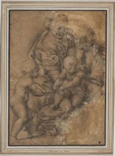 Den hellige familie med Johannes Døberen som spæd. Efter Giulio Romanos "Madonna della Gatta"
