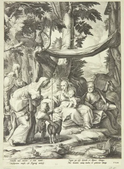 Den hellige familie siddende i et landskab med Elisabeth, Zakarias og Johannes Døberen som barn