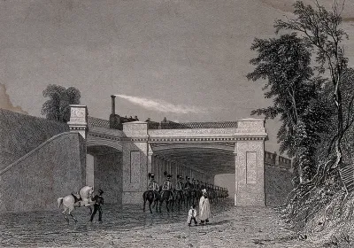 Denbigh Hall Bridge carrying the London and Birmingham Railway at Bletchley, Buckinghamshire: soldiers on horseback ride under the bridge as a train passes overhead