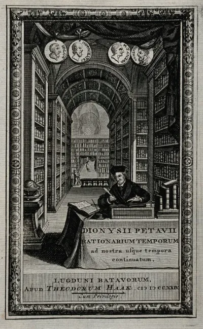 Denis Pétau, seated at a desk in a vast library, writing his historical and chronological works; medallions of Solon, Hippocrates, Cicero and Homer above