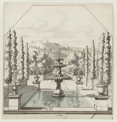 Denkbeeldig Italiaans landschap met een formele tuinvijver en fontein