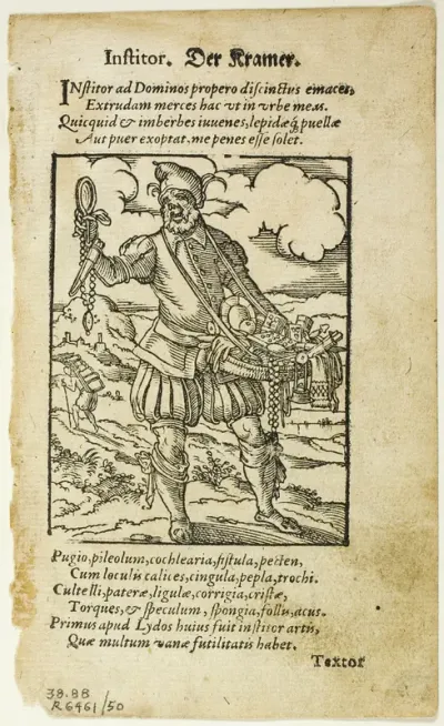 Der Kramer (The Peddler) from De omnibus illiberalibus sive mechanicis artibus by Hartmann Schopper, plate 50 from Woodcuts from Books of the XVI Century