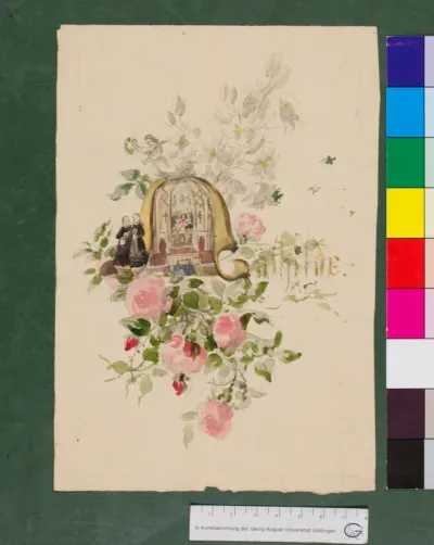 der Name "Mathilde" verziert mit Rosen, Figuren und einen Blick auf einen Altar