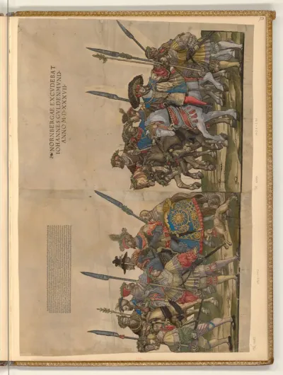 Der Triumphzug Kaiser Karls V., Bl. 3 und 4: Landsknecht mit Hund; Vier Reiter und zwei Landsknechte