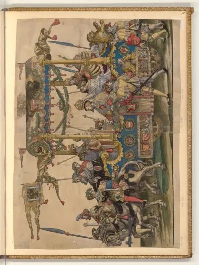 Der Triumphzug Kaiser Karls V., Bl. 9: Triumphwagen, Vorderer Teil und  hinterer Teil mit Karl V.