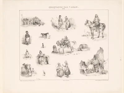Dertien voorstellingen uit het dagelijks leven met diverse menselijke figuren en paarden