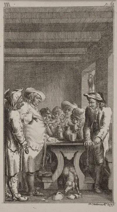 Des Scheerers Hund lekt das gefärbte Wasser, aus einem zerbrochenen Gefäfse unterm tisch, um welchem 4. Bauren sitzen, und 3. stehen, welche Taback rauchen und trinken. ob. III, p. 61.