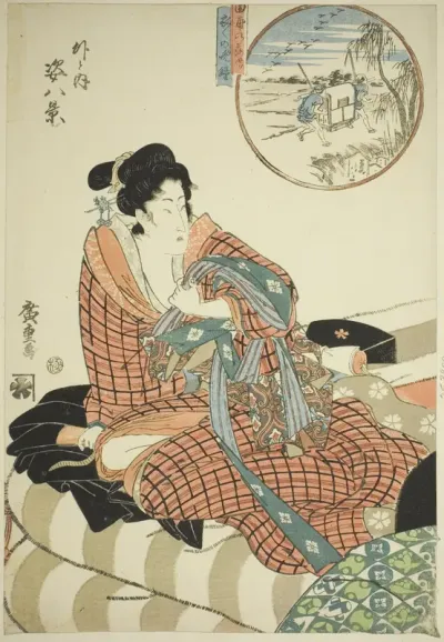 Descending Geese at the Rice Fields (Tanbo no rakugan) and Evening Bell of the Morning After (Kinuginu no bansho), from the series "Eight Views of Figures Inside and Outside (Soto to uchi sugata hakkei)"