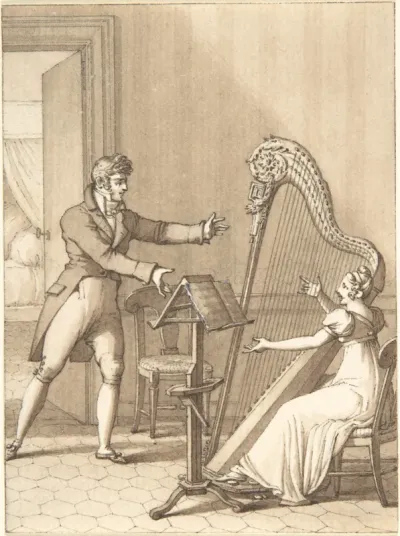 Design for a Book Illustration: a Man Approaching a Woman Playing a Harp