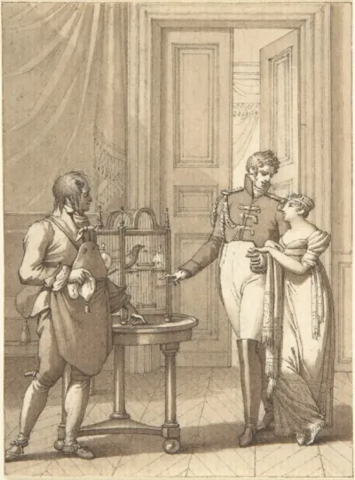 Design for a Book Illustration: an Amorous Couple Beside Birds in a Cage
