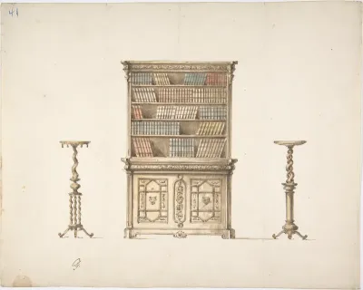 Design for a Bookcabinet and Two Pedestals (Verso: sketch)