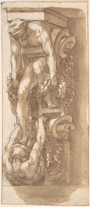 Design for a Bracket or Console with Two Figures caught in Strapwork