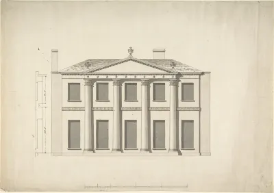 Design for a Building Façade of Two Storeys and Five Bays, with a Pediment and an Adamesque Portico, Elevation and Wall Plan