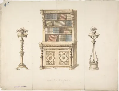 Design for a Cabinet-Bookcase and Two Stands for Flowers