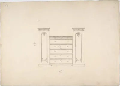 Design for a Cabinet with Central Drawers and Palmeate Ornament