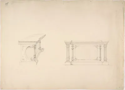 Design for a Cabinet with Columns and Inset Fabric Panels: Elevation and Side View