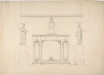 Design for a Cabinet with Inset Fabric Panels, and Two Female Classical Statues on Marble Pedestals