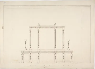 Design for a Cabinet with Renaissance Ornament and Lamps