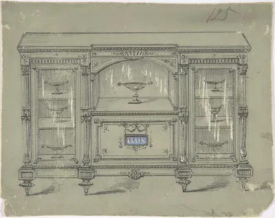 Design for a Cabinet with Three Glass Doors and a Porcelain Plaque