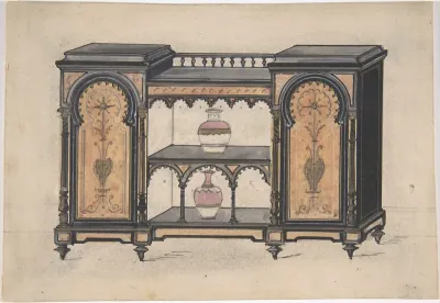 Design for a Cabinet with Two Central Shelves and Arched Doors
