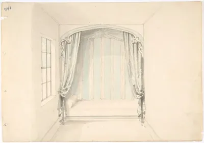 Design for a Canopied Bed with Pale Blue and White Hangings