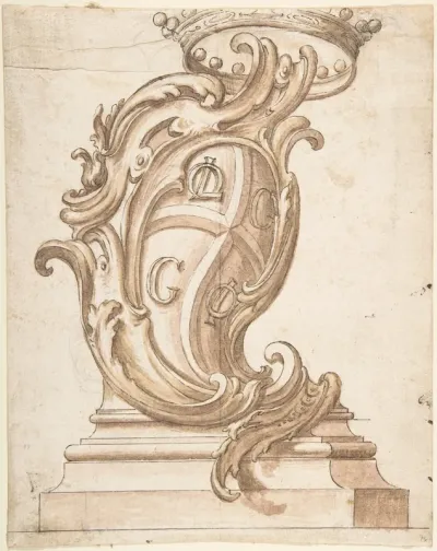 Design for a Cartouche on a Base, Surmounted by a Crown, with Arms with the Initials OL, G, G, and OI