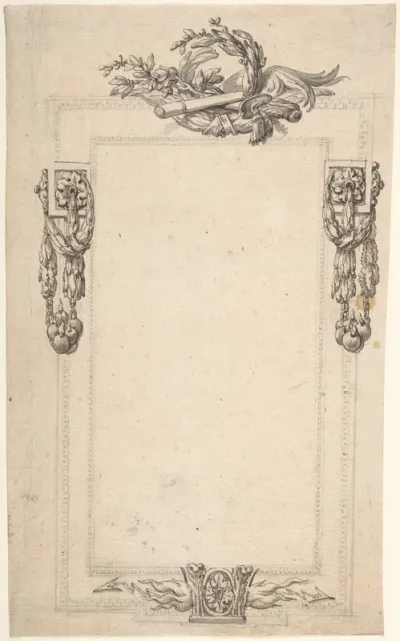Design for a Cartouche or Frame with Four Groups of Military Ornament: Flames and Thunderbolts on bottom; Swags of Bombs at Sides; Sword, Baton, and Laurel Top.